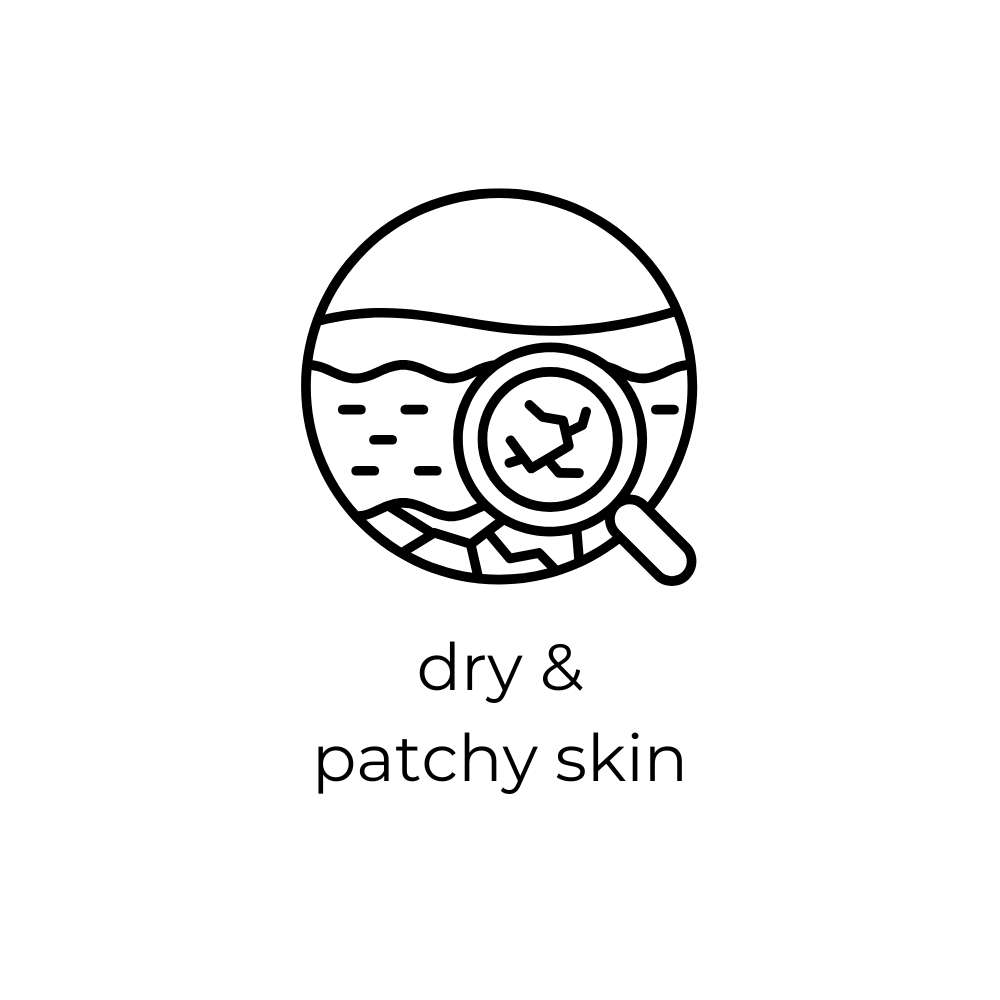 Icon of a magnifying glass over skin with 'dry & patchy skin' text on a white background