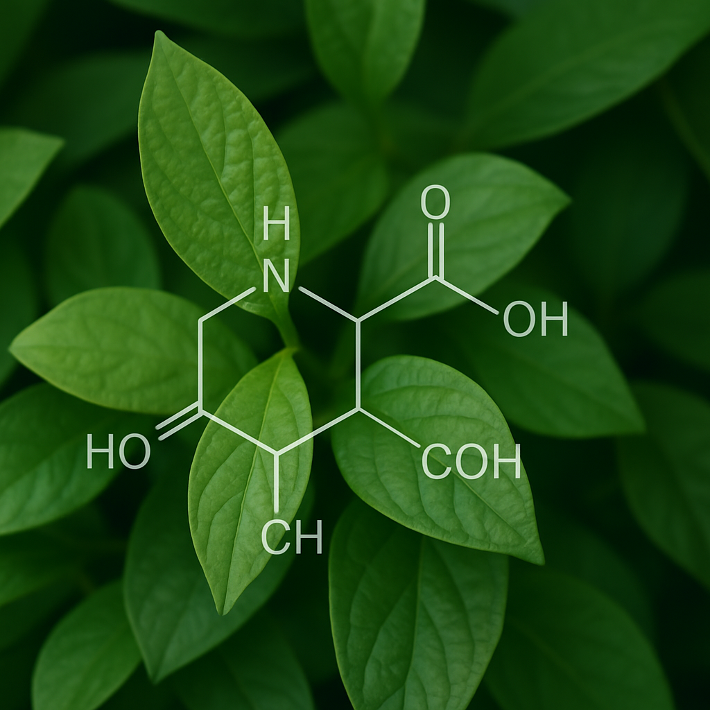 Molecular structure diagram superimposed on green leaves