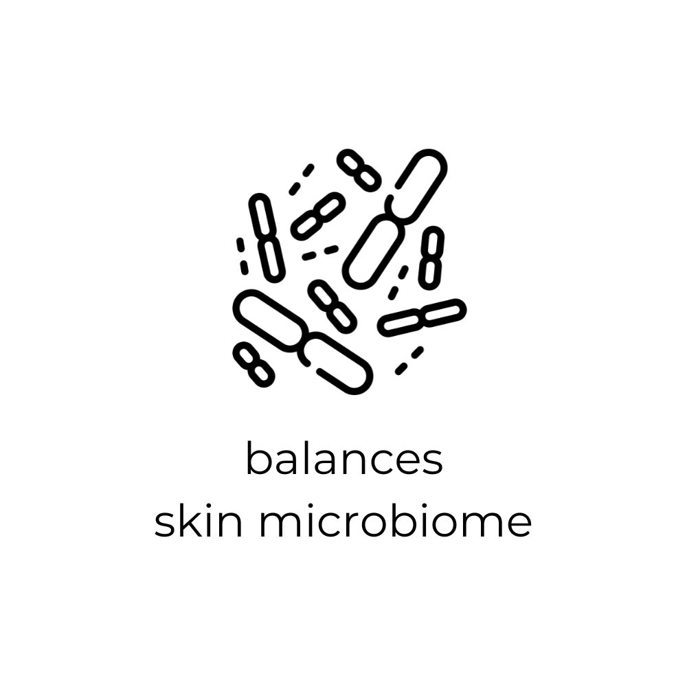 Black line art of bacteria with 'balances skin microbiome' text on a white background