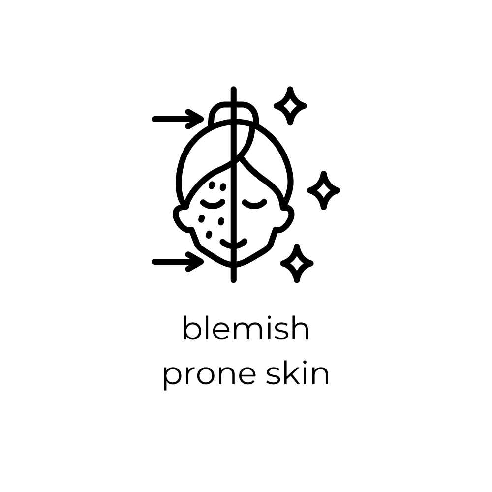 Black and white icon of a face with blemishes and text 'blemish prone skin' on a white background