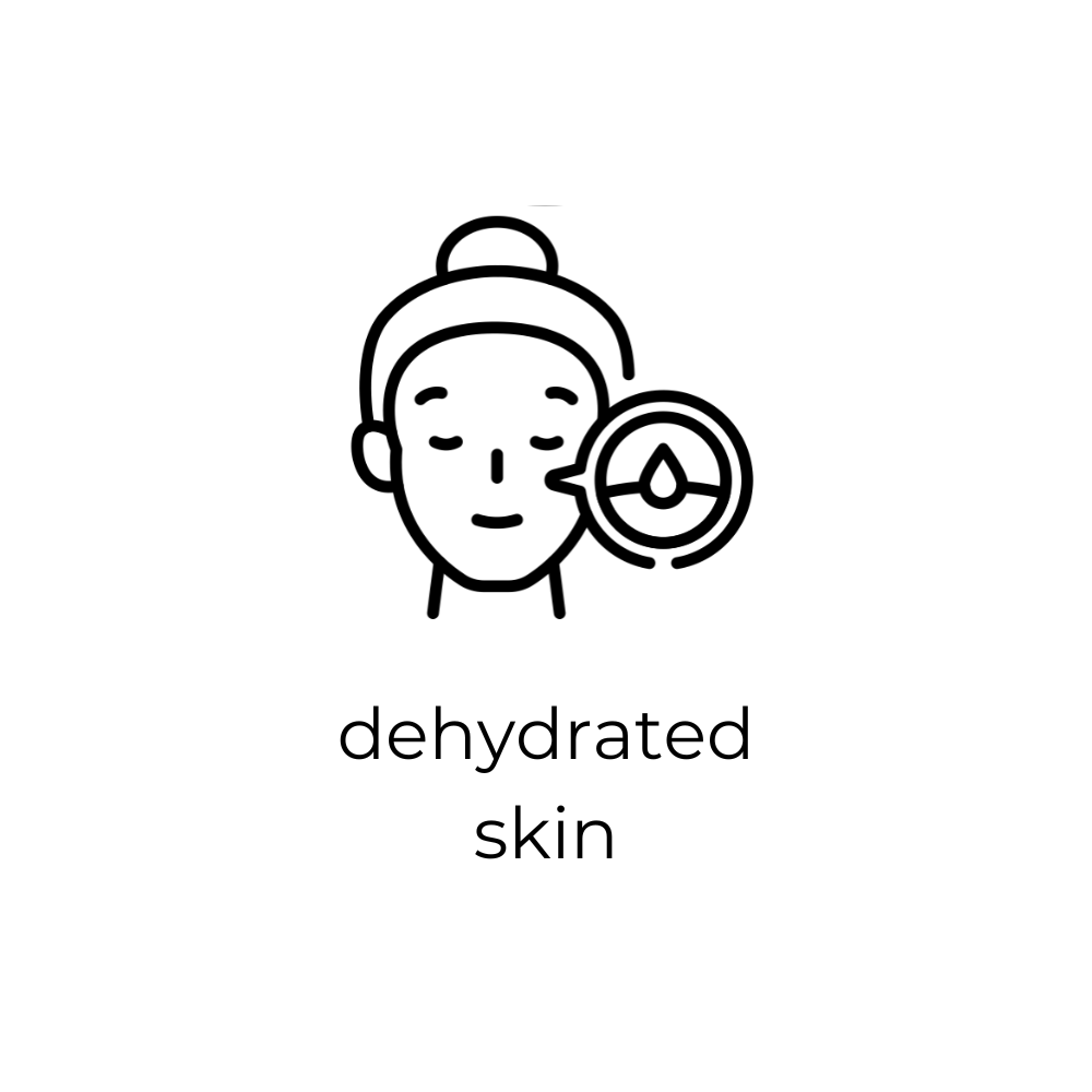 Icon of a person with dehydrated skin and a magnifying glass showing a droplet, on a white background.
