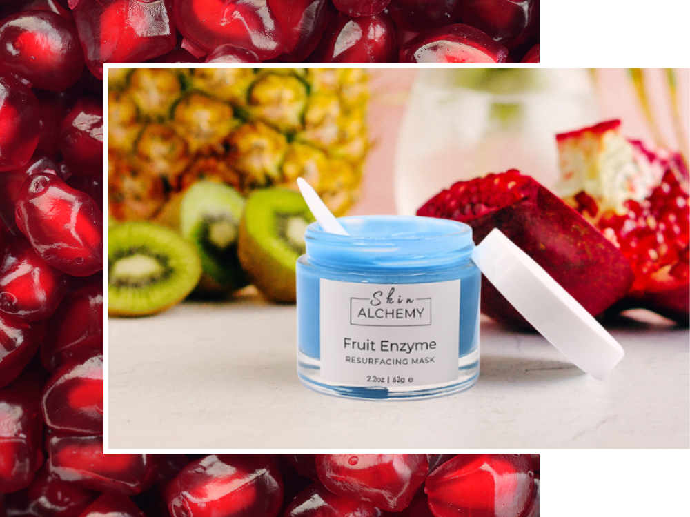 Jar of 'Skin Alchemy' Fruit Enzyme Mask with fruits in the background