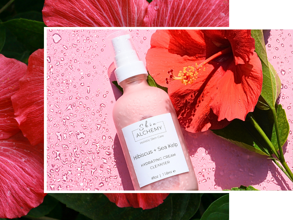 hibiscus face cleanser with pink floral background