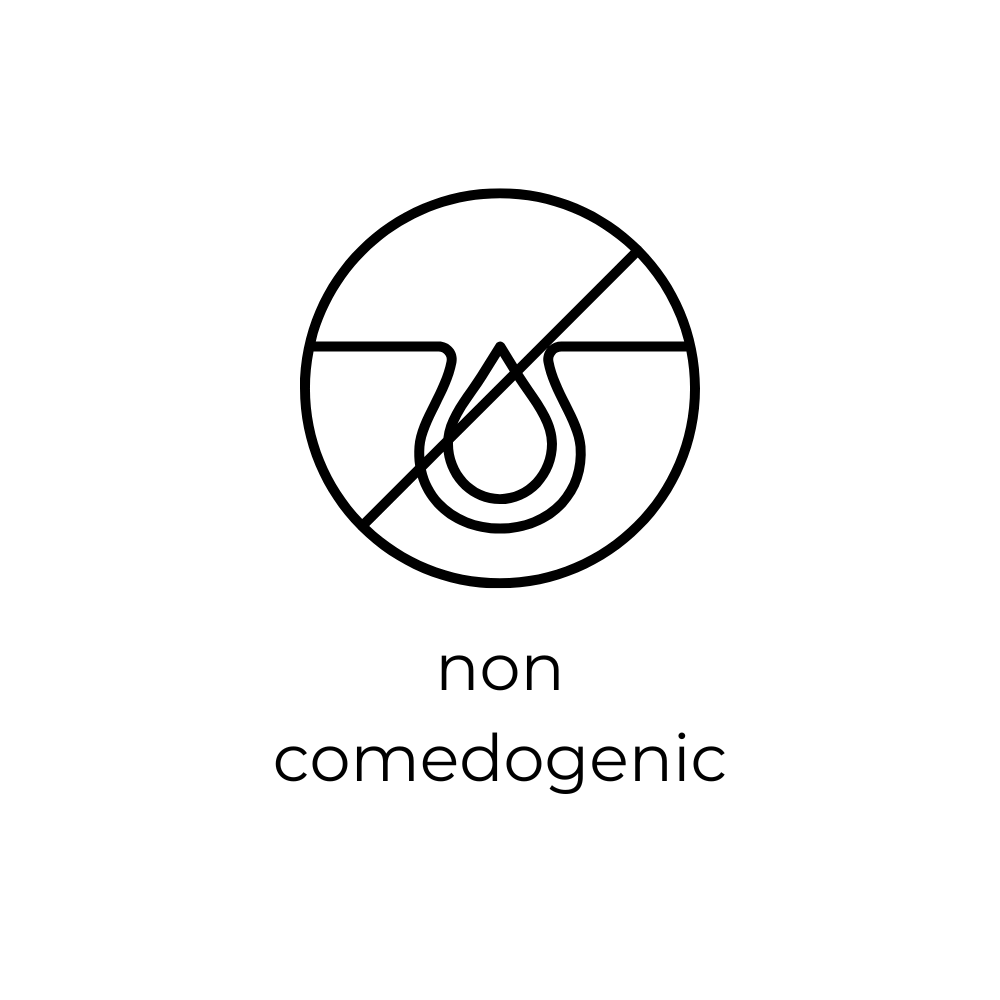 Logo with a droplet design and 'non comedogenic' text on a white background