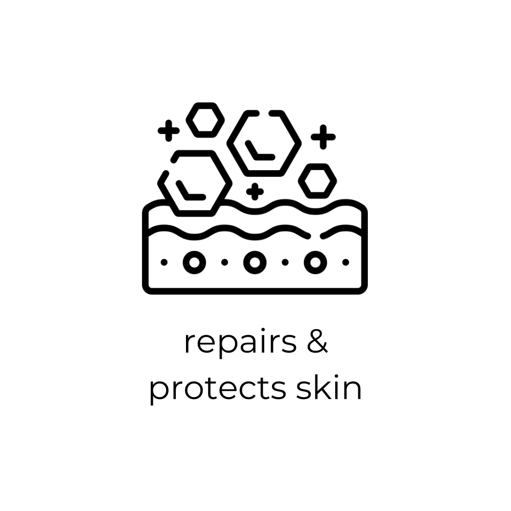 Icon of a skin layer with geometric shapes above it, labeled 'repairs & protects skin'.
