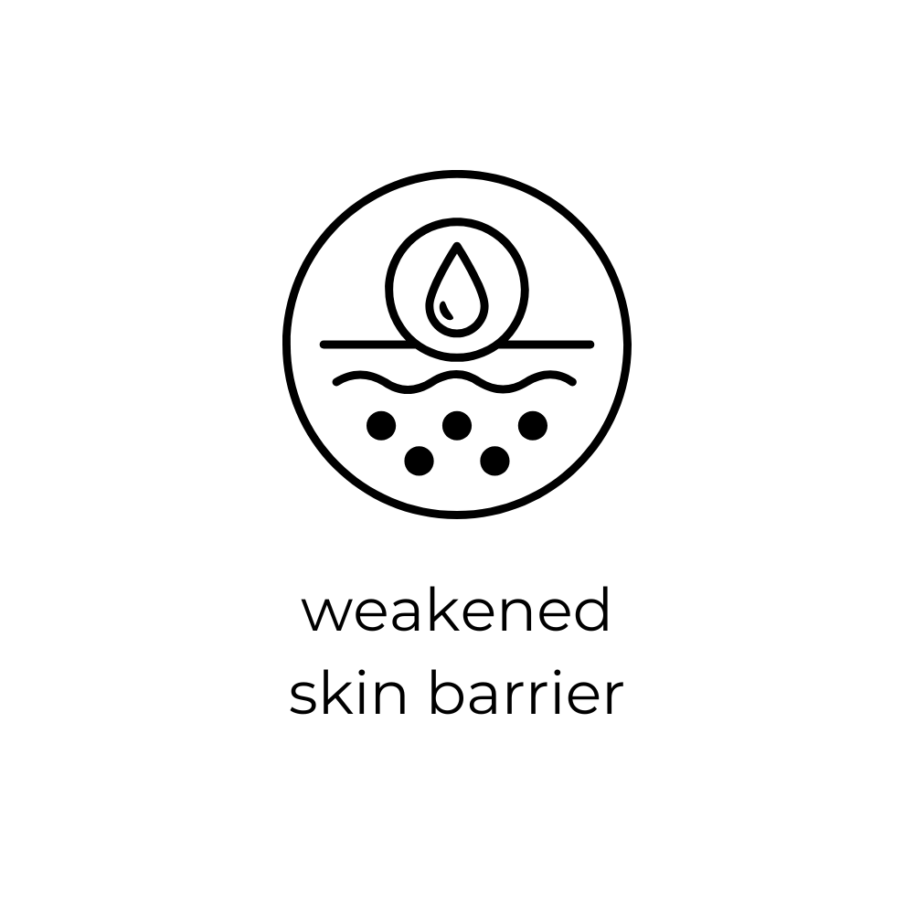 Icon of a weakened skin barrier with a droplet and wavy lines on a white background.